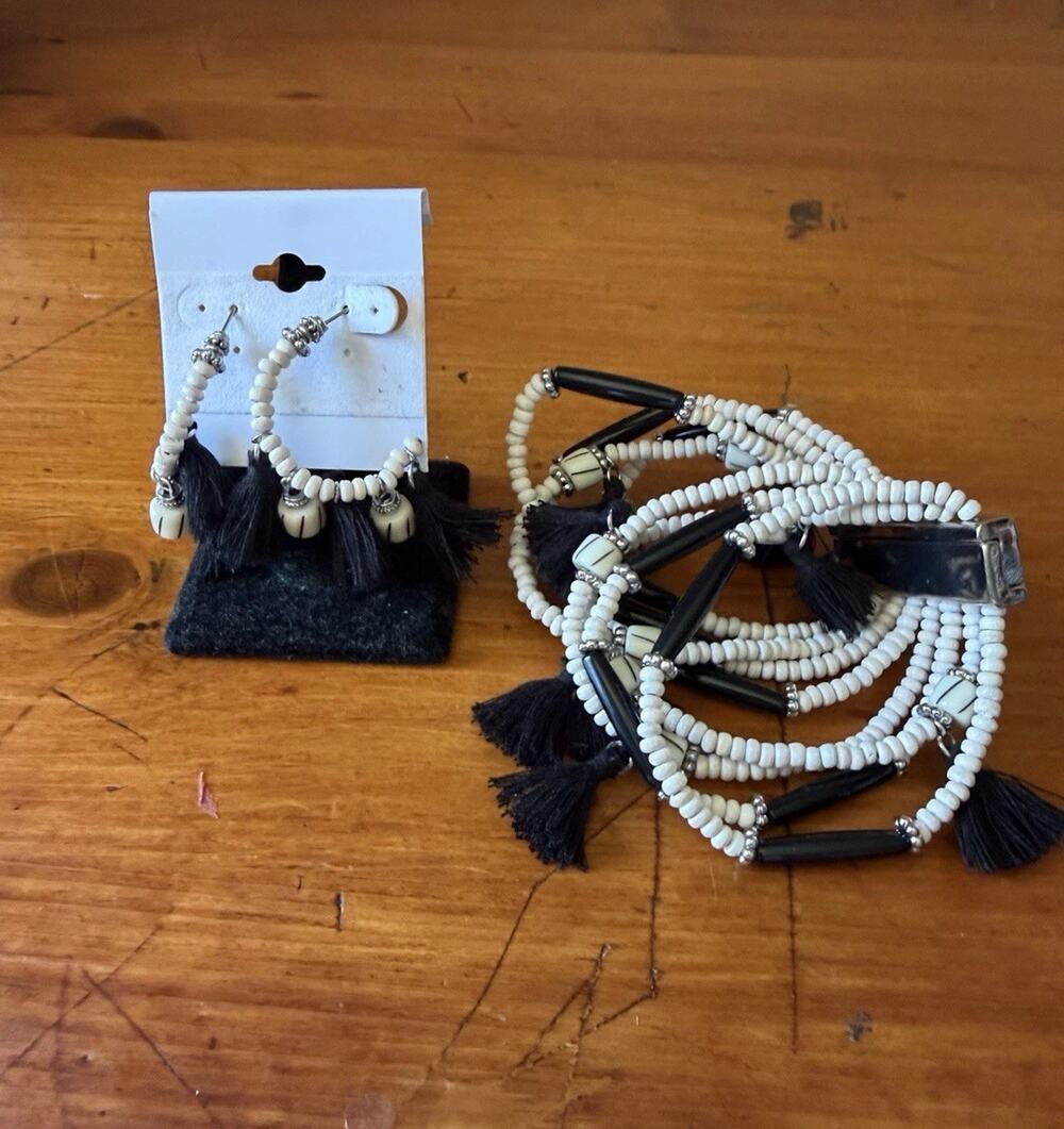 Boho Black White Beaded Bracelet Earrings Matching Set Tassel Statement Jewelry